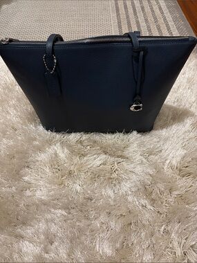 Blue Leather Tote Bag with Silver Accent